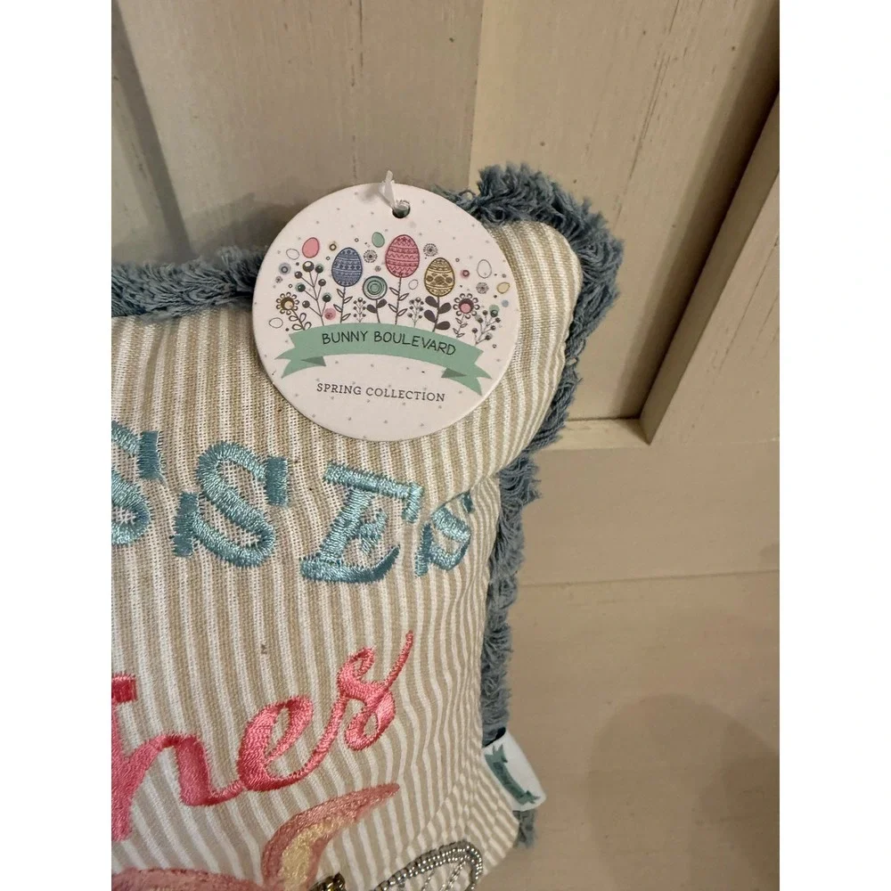 Bunny Boulevard Easter Wishes Bicycle Embroidered Beaded Fringe Throw Pillow NEW